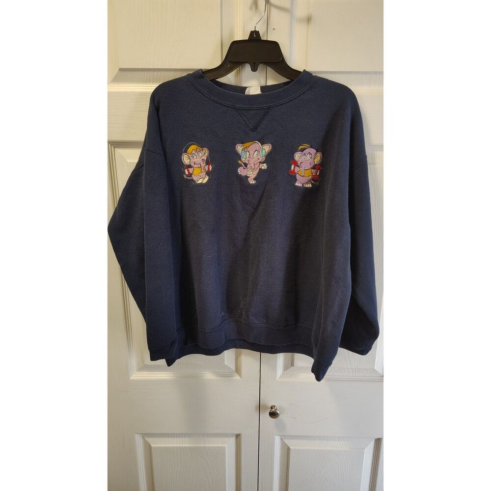 VTG Y2K‎ 90s Hanes Her Way Navy Blue Embroidered Sweatshirt Elephant Trio XL